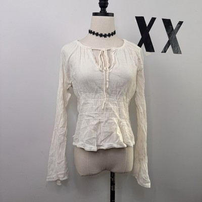 Vintage Y2K White Peasant Boho Top Smocked Waist Tie-Front 90s Fairy Indie L