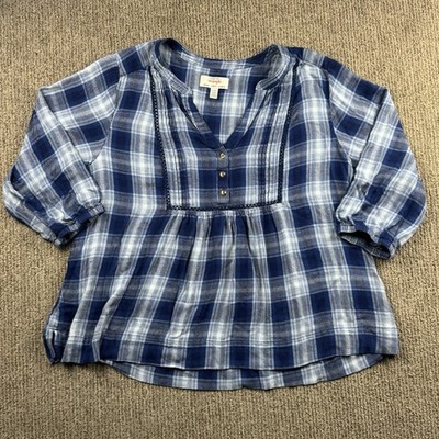 Wrangler Womens XL Popover Plaid Peplum Blouse V Neck Western Peasant Boho Blue