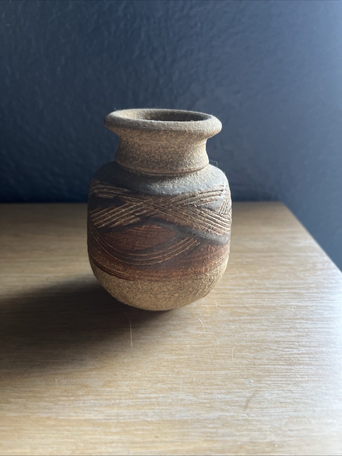 Handmade Studio Art Pottery Vase Sand Texture Etched Design New Mexico 3”