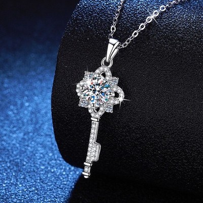 1ct Real Moissanite Key Pendant Necklace for Women 925 Sterling Silver Pass Test
