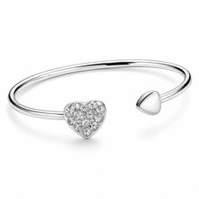 Diamond Heart Bracelet for Women - White Gold Plated Double Heart Love Bangle