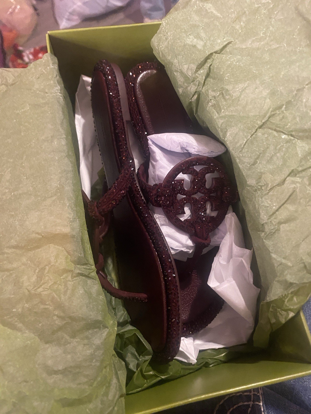 Tory Burch Glitter Logo Thong Sandals Burgundy Slip On Casual Summer Women's thumbnail 4