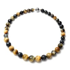 Bi-color Tiger's Eye 10-17mm Beaded Necklace 18 Inches Rhodium Over SS 510 ctw