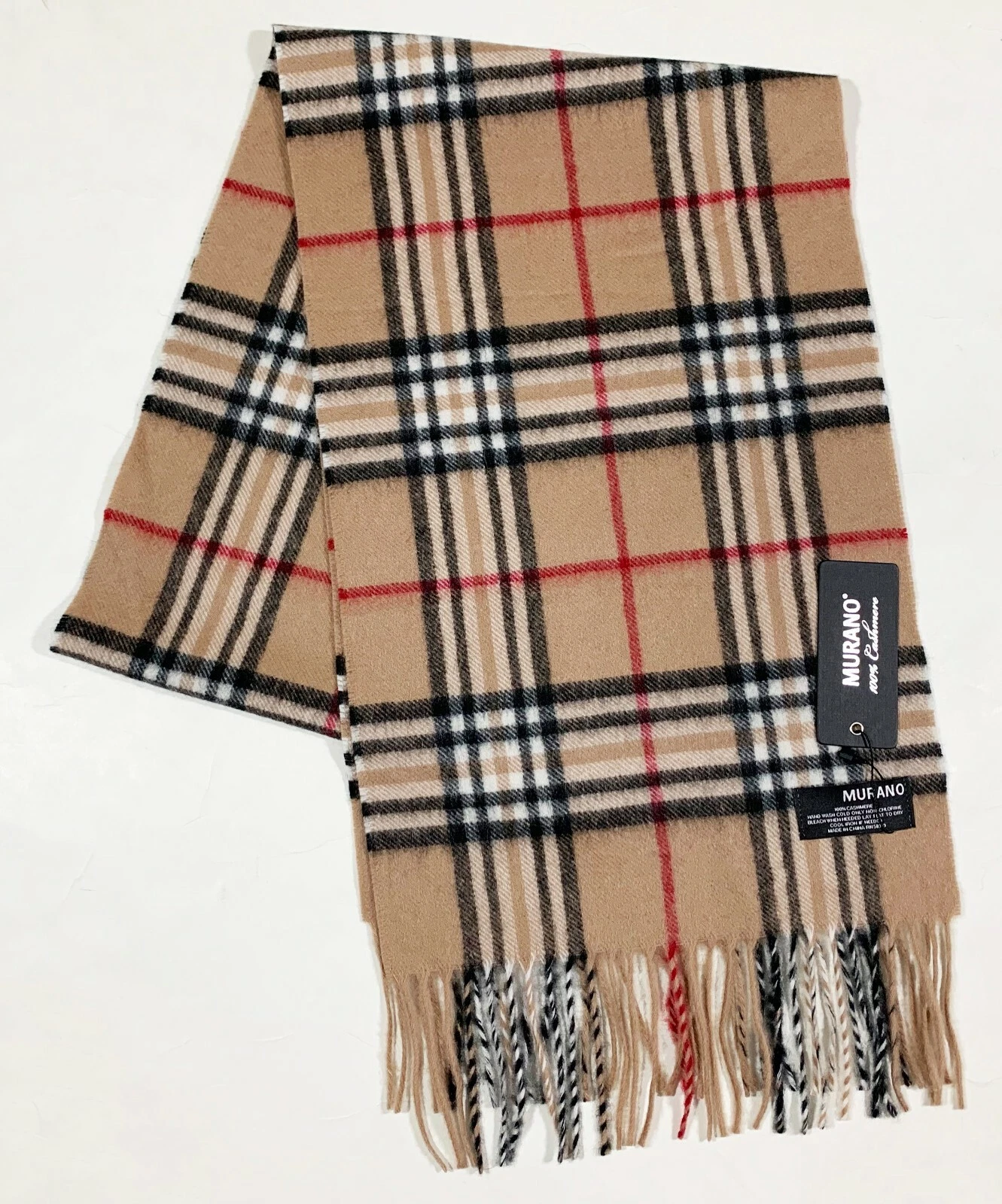 Men's MURANO 100% Cashmere Fringed Scarf Muffler Plaid NWT NEW Khaki Black + WoW