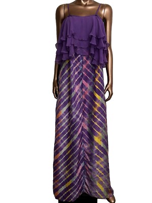 Calypso St Barth 100% Silk Purple Sleeveless Tie Dye Maxi Dress Ruffle Top Sz S