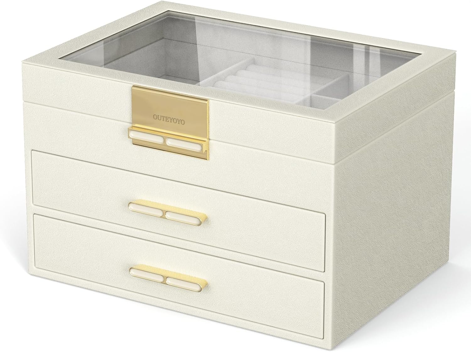 3-Layer Jewelry Organizer Box with Glass Lid, 2 Drawers for Large and Small Accessories-image