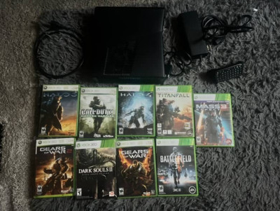 Xbox 360 console bundle (Black, Used, W/O Controller, Keyboard, 9 games)