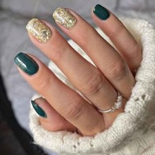 Square Press on Nails Short Fake Nails Green Nails with Glitter Green Glitter