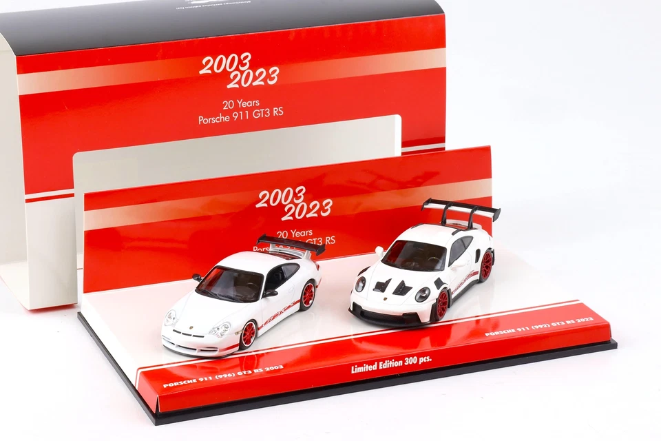 1:43 Minichamps 2-Car Set 20 Anni Porsche 911 GT3 Rs 996 + 992 Bianco/Rosso - Immagine 3 di 4