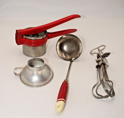 Vintage Kitchen Gadget Assortment - Ricer, Ladle, Canning Funnel & Hand Mixer