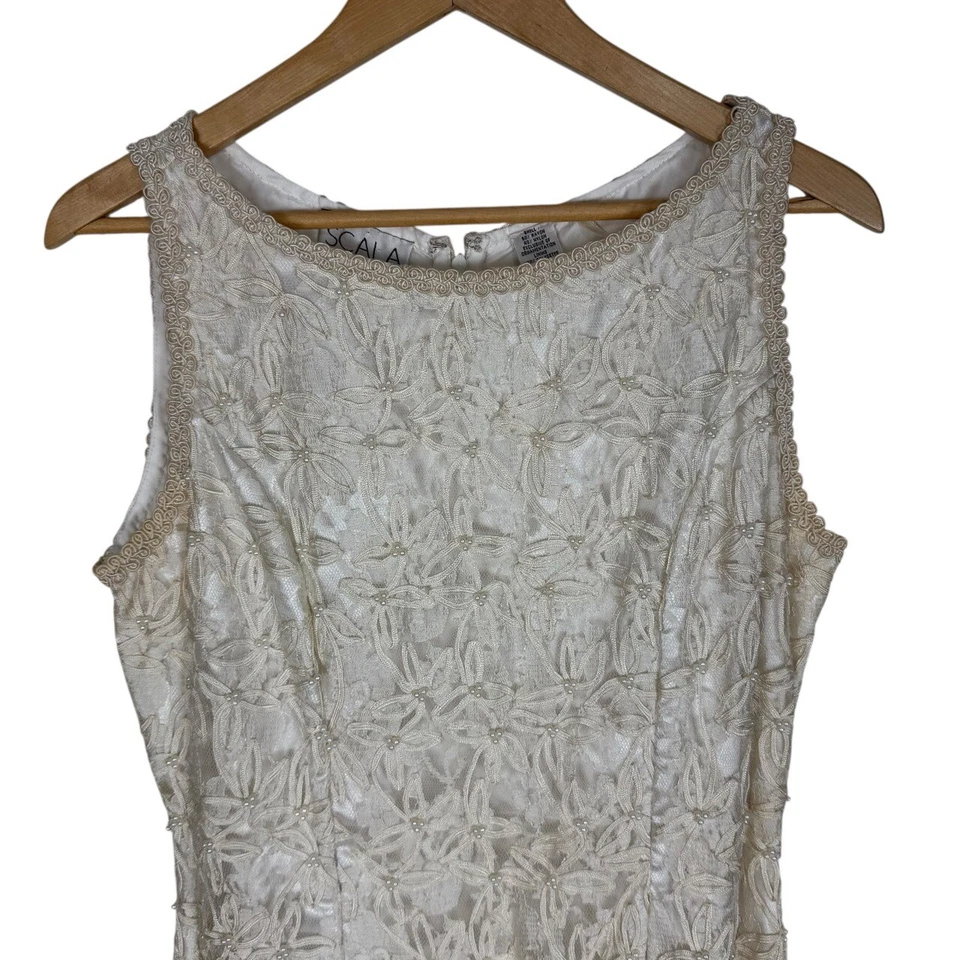Scala Beige Floral Lace Beaded Pearl Maxi Dress Sleeveless Sheath L/XL Vintage - Image 3 of 4