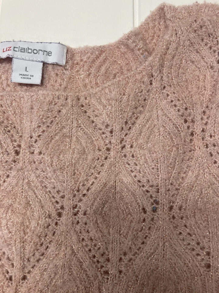 Suéter para mujer Liz Claiborne rosa claro con hilo dorado brillante talla L Foto 3 de 4