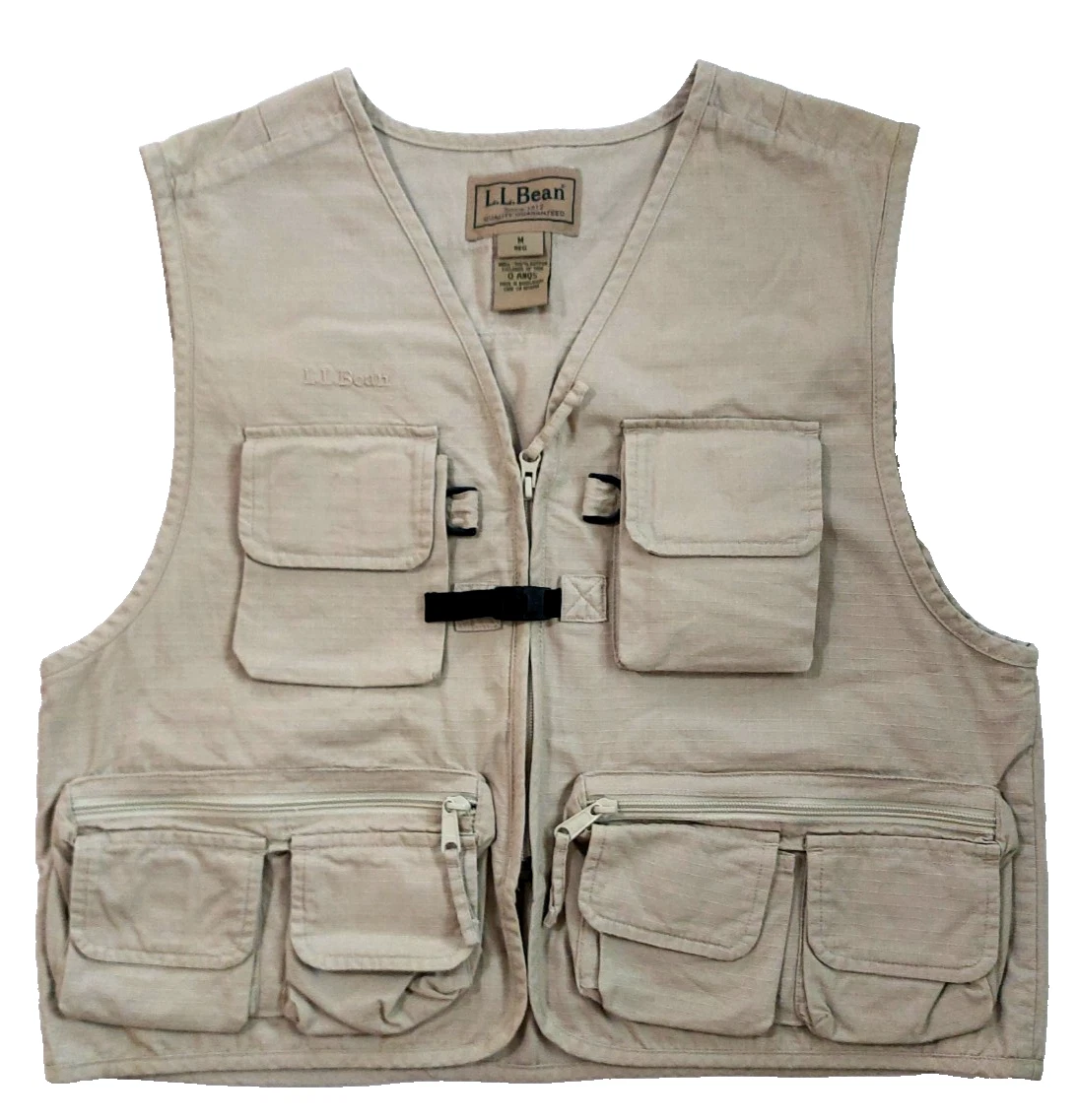L.L. Bean Fly Fishing Vest Mens Medium Cotton Khaki Multi-Pocket Zip Hook & Loop