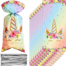 100 Pieces Unicorns Goodie Bags Favor Bags Unicorn Cellophane Treat Pink Rainbow