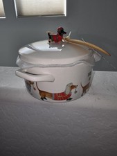 Dachshund Ceramic Holiday Soup Tureen ~Candy Dish ~ Pot w/Lid & Wooden Spoon NEW