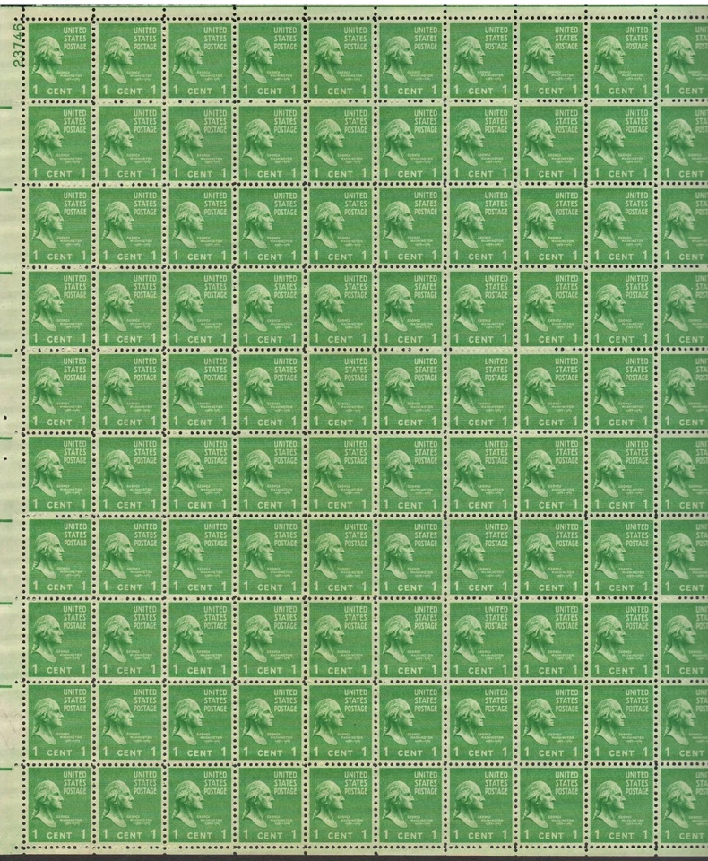 USA #804 - 1938 Full Sheet of 100 Stamps Pl 23746 "George Washington" 1¢ VF MNH* - Image 2 of 4