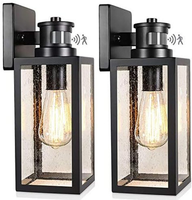 2-Pack Motion Sensor Outdoor Wall Lights with Seeded Glass, Black Sconces