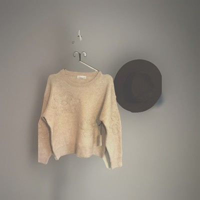 Threaded Leaf Tan Floral Flower Boucle Chenille Oversize Sweater Womens  M L NWT