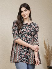 Indian Women Black Cotton Floral Printed A-Line Kurta Kurti Top Tunic Dress