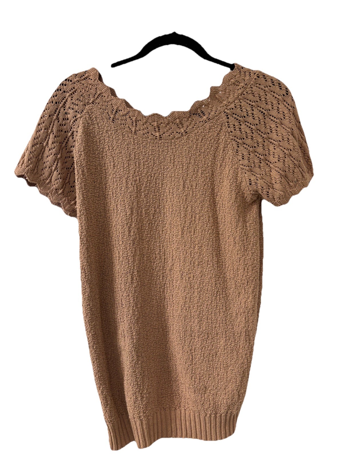 College Point Crochet Knit 100% Cotton Beige Pullover Sweater Flutter Sleeve