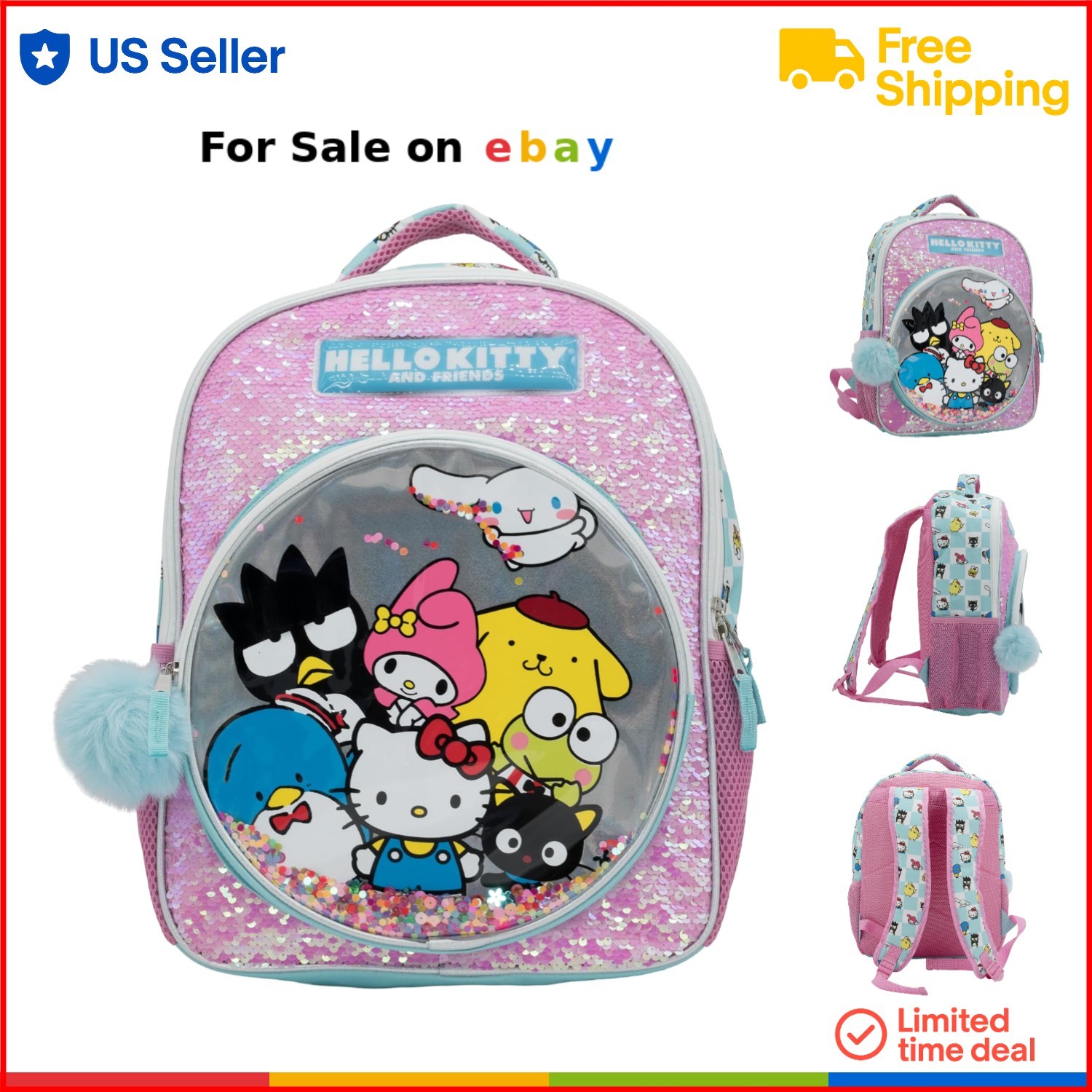 Hello Kitty Girls Backpack Sequin Kawaii Book Bag for School Travel