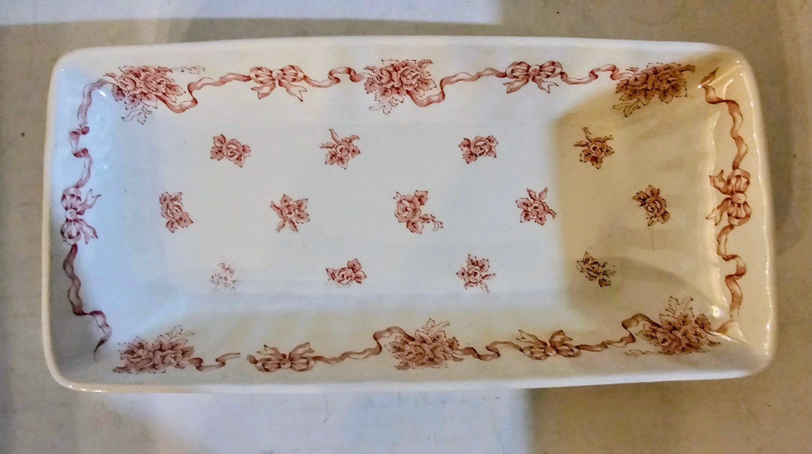 Laura Ashley Ribbons Pink Floral Porcelain Vanity Dressing Tray England