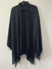 Cejon Shawl Women's One Size Black Knit Rabbit Fur Trim Cape Poncho Fringe
