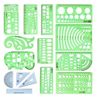 15PCS Geometric Drawing Templates & Plastic Ruler Stencils for Measuring