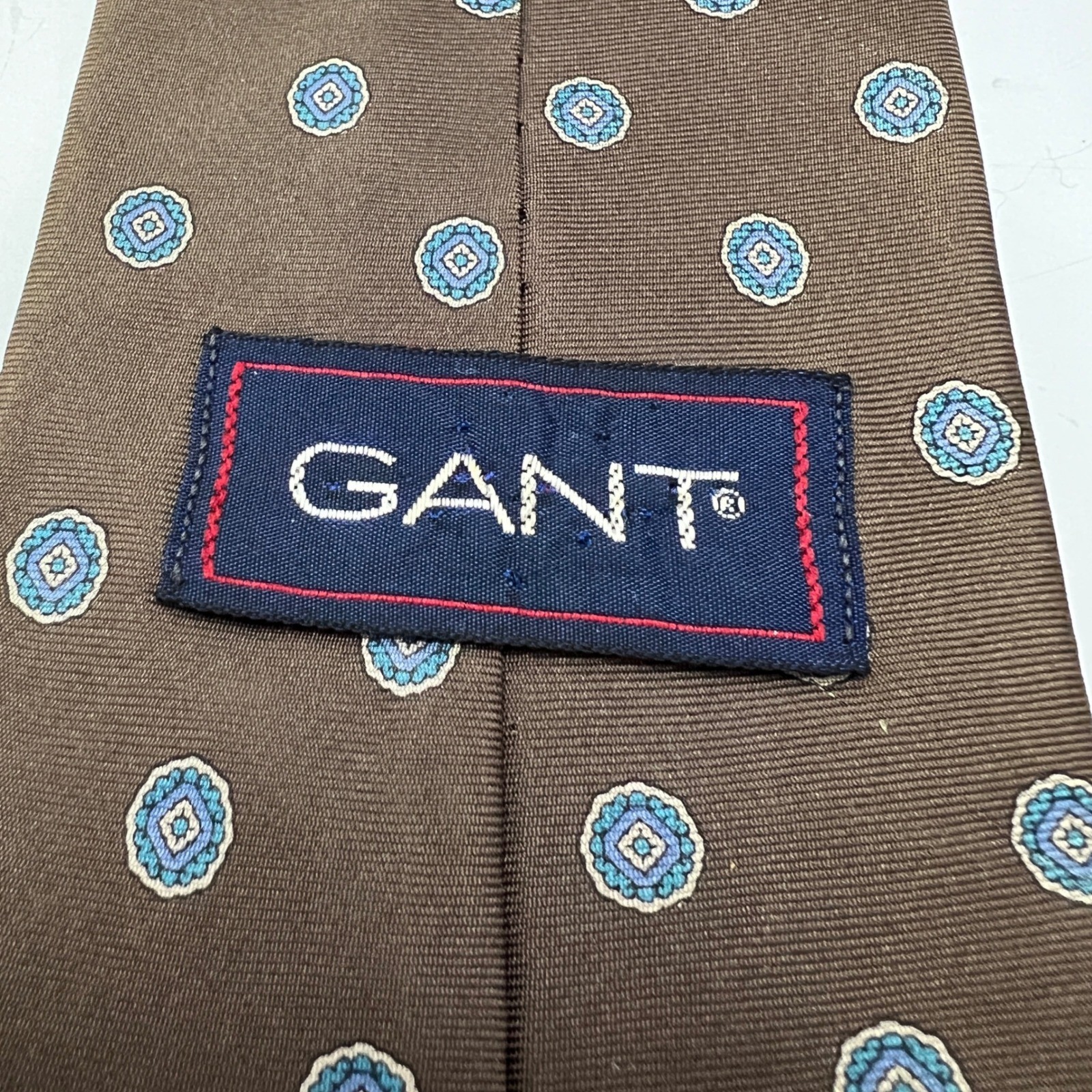Gant Mens Silk Tie Vtg Brown Blue Geometric Medallion Pattern USA Made image 3