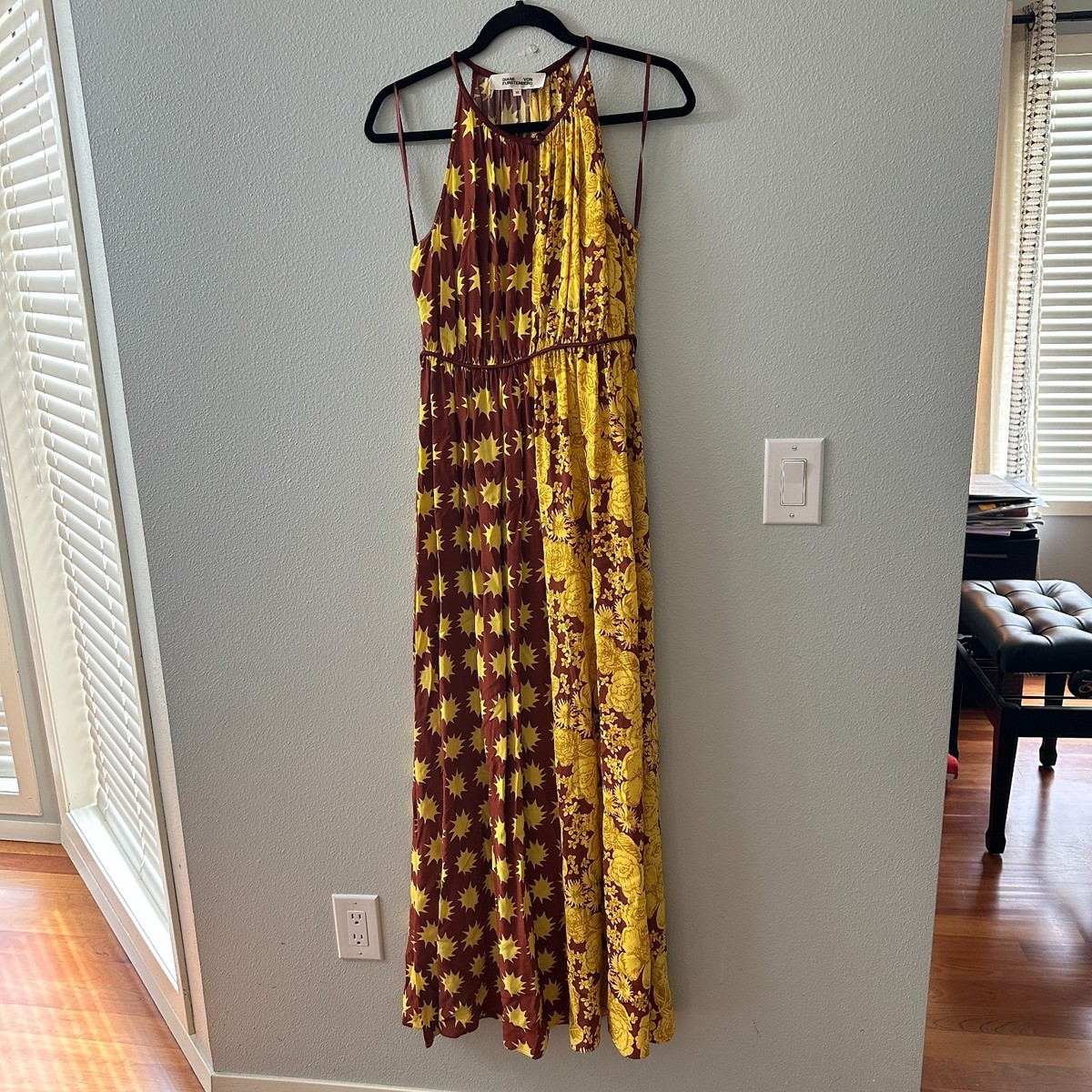 Diane Von Furstenberg Darla Printed Crepe De Chine Maxi Dress Silk XS  Yellow Sun | eBay