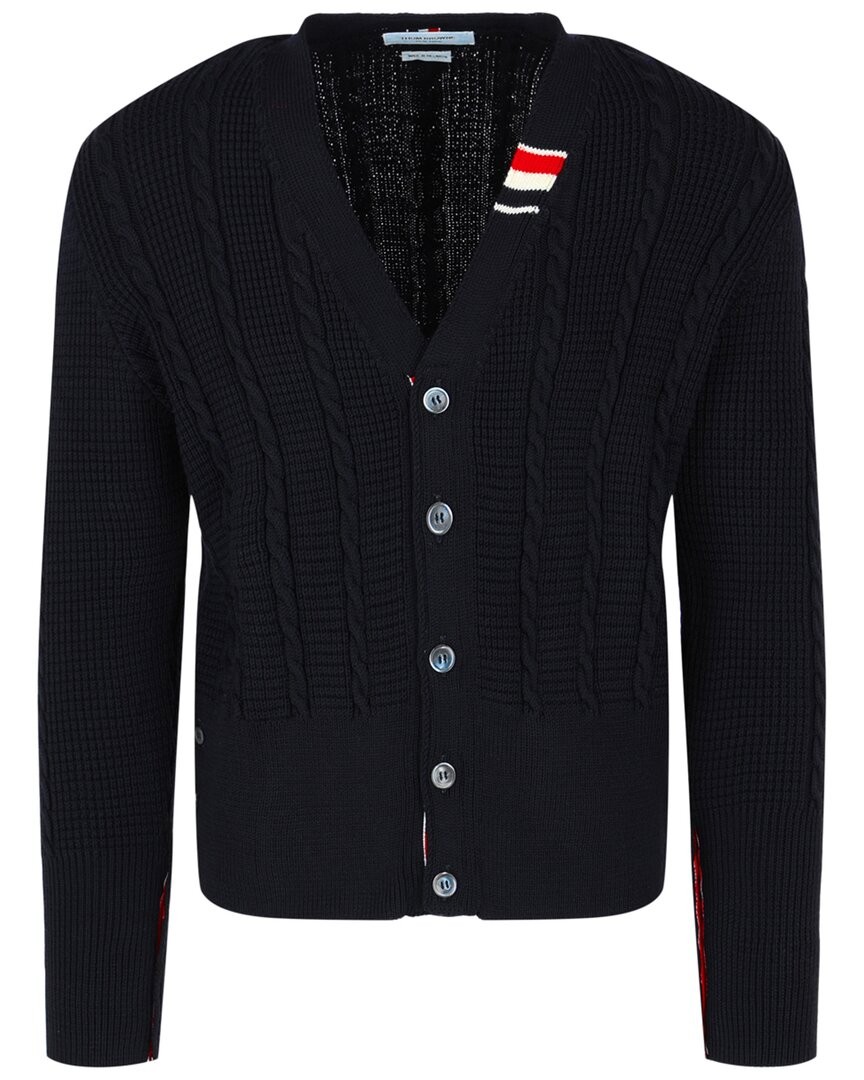 Мужской шерстяной кардиган с V-образным вырезом Thom Browne синий 4 94490₽