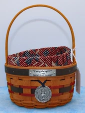 Longaberger 1997 Small Basket w/ USA Flag Liner, Protector, Tie-On & Cards
