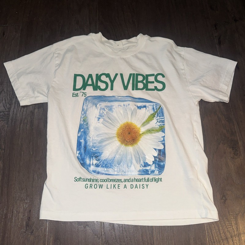 Zara Kids Graphic Tee Shirt 11-12 Years Daisy Vibes White Blue Green