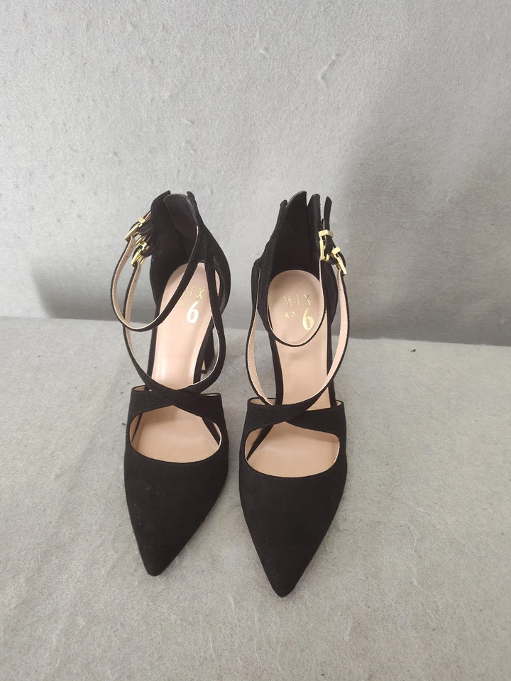 Mix No. 6 Zapatos de salón para mujer 7M negros con tiras tacón bloque hebilla dorada gamuza elegante zapato Foto 2 de 4