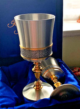 Penang Pewter 2 Wine Goblets Cup 5.5" Tall Presentation Box Silver Gold Colour