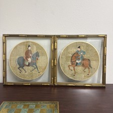 Vintage Chinese Original Painting Noblemen By Wong Framed Round Pair Horses 13”