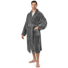 Men Warm Fleece Robe Microfiber Bathrobe Shawl Collar Sherpa Spa Robe Sleepwear