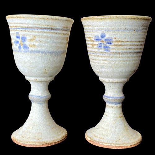 Studio Art Pottery Goblets Renaissance Chalices Stoneware White Blue Signed 2 - Picture 3 of 12