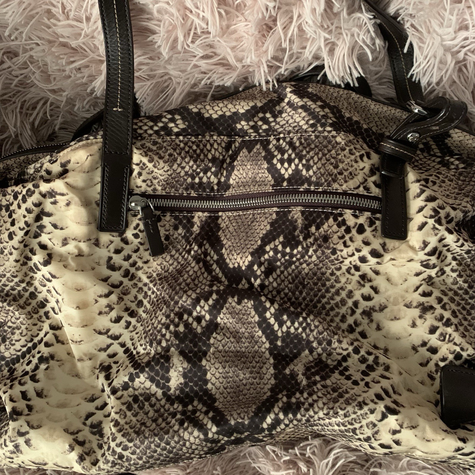 TUMI Nylon Tote Bag Python Print Leather Straps 1… - image 6