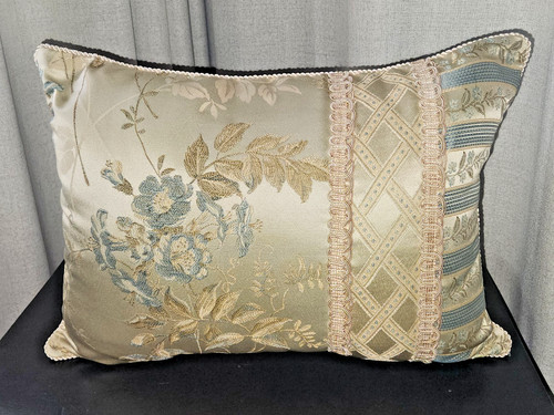 Croscill Boudoir Pillow Sateen Gold & Blue Floral Stripes Lattice Corded 19"x14"