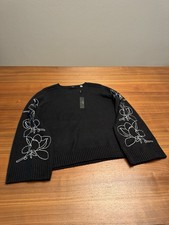 T Tahari Floral Contrast Crew Neck Sweater Black White Brand New w/ Tags Size M