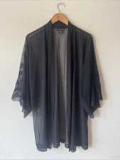 Natori M Top Black open front Kimono Lace Mesh Romantic Whimsigoth Fairy 3/4 SLV
