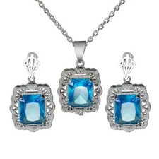 Jewelry Set Square Ocean Blue Topaz Gemstone Silver Stud Earrings Necklaces