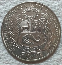 1934 PERU - SOL - SEATED LIBERTY - U.S. MINT - 1/2 Oz SILVER CROWN - HIGH GRADE