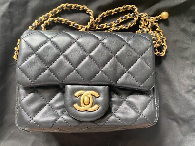 CHANEL Black Mini Square Pearl Crush Gold Ball Lambskin Flap Bag