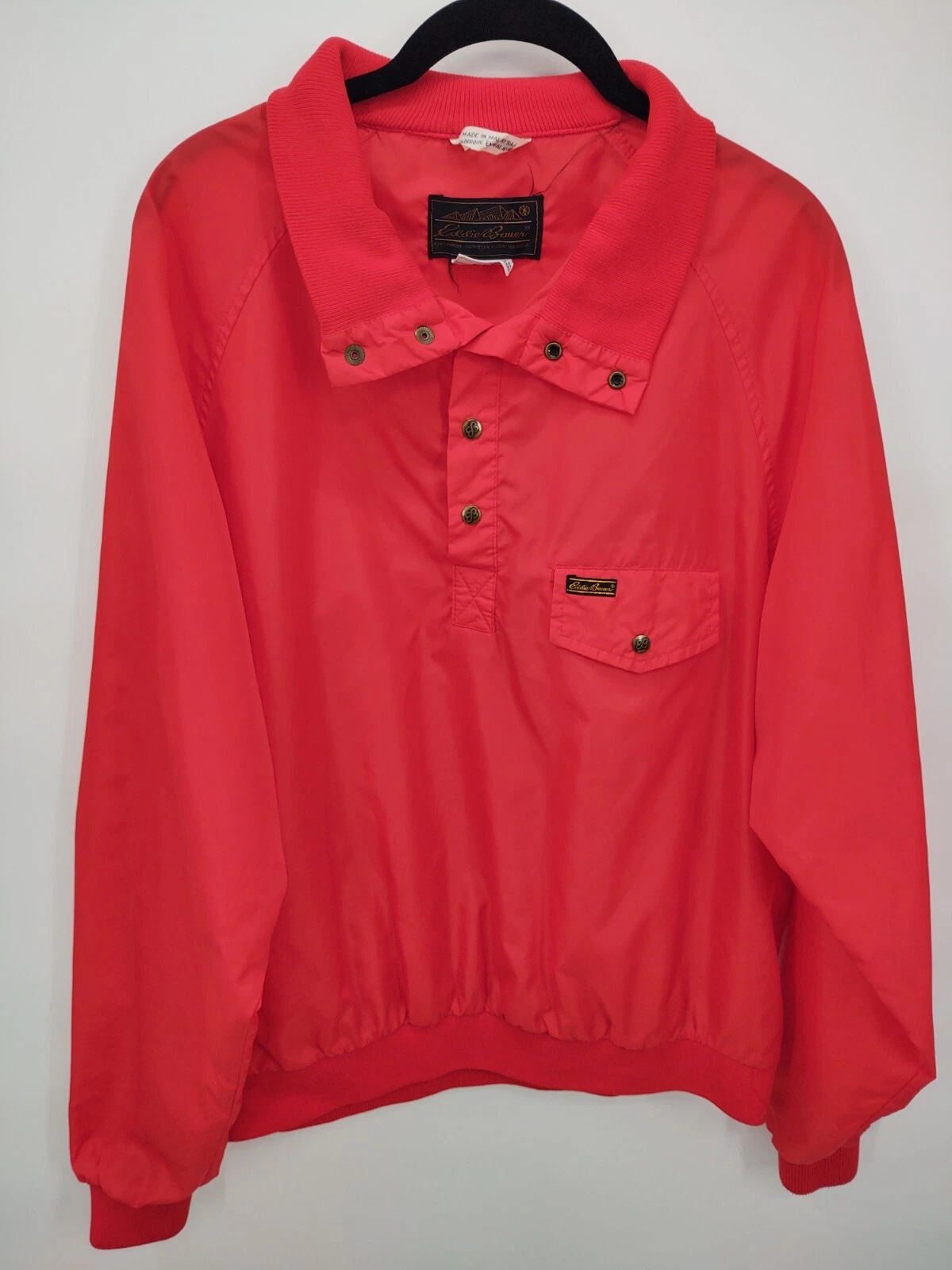 Eddie Bauer Vintage Windbreaker Jacket Red Pullover Snaps Elastic Hem Size L