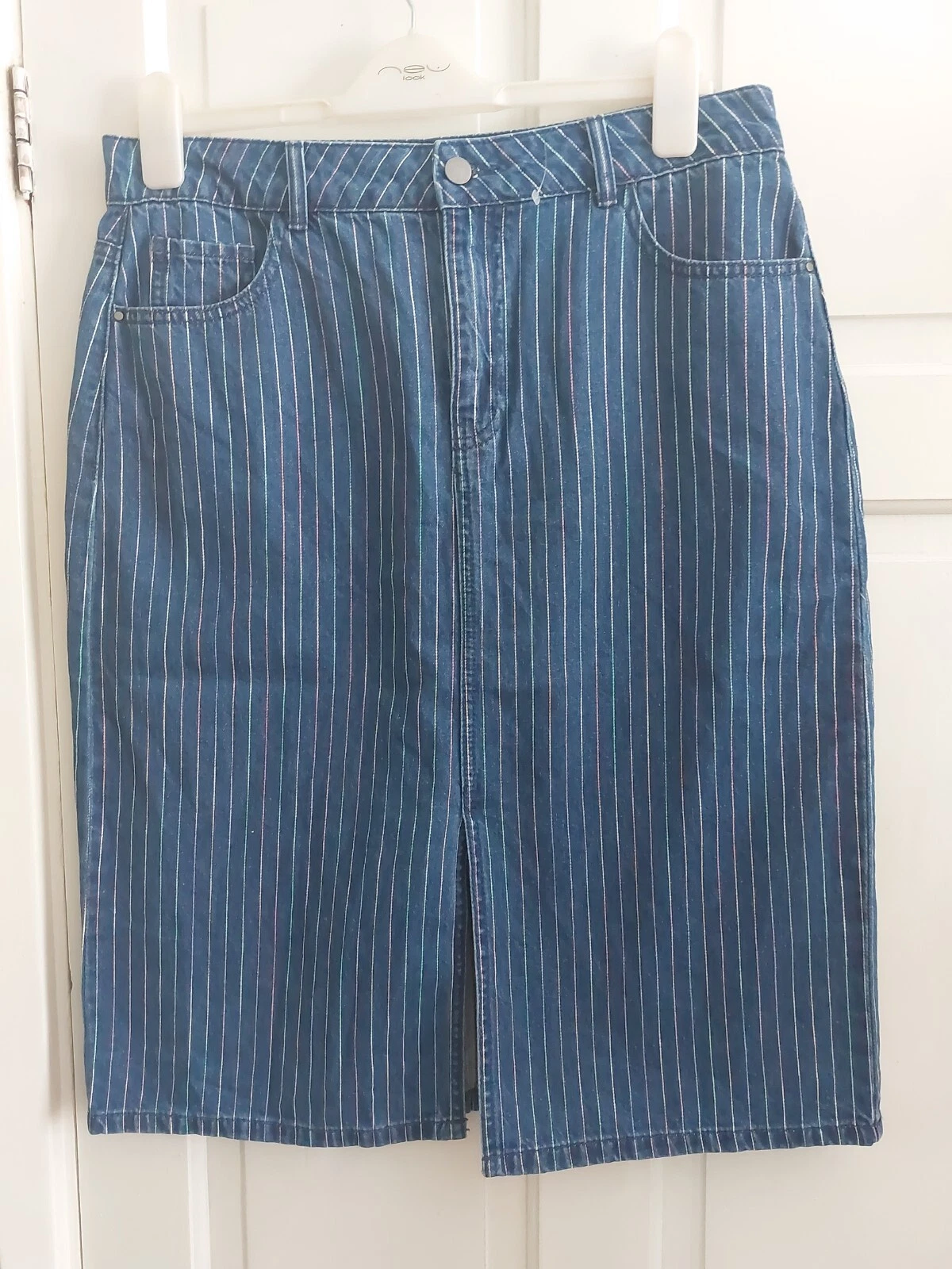 TU Blue Denim Pencil Skirt Colourful Stripes Pockets Slit At Front Uk 14
Opens in a new window or ta