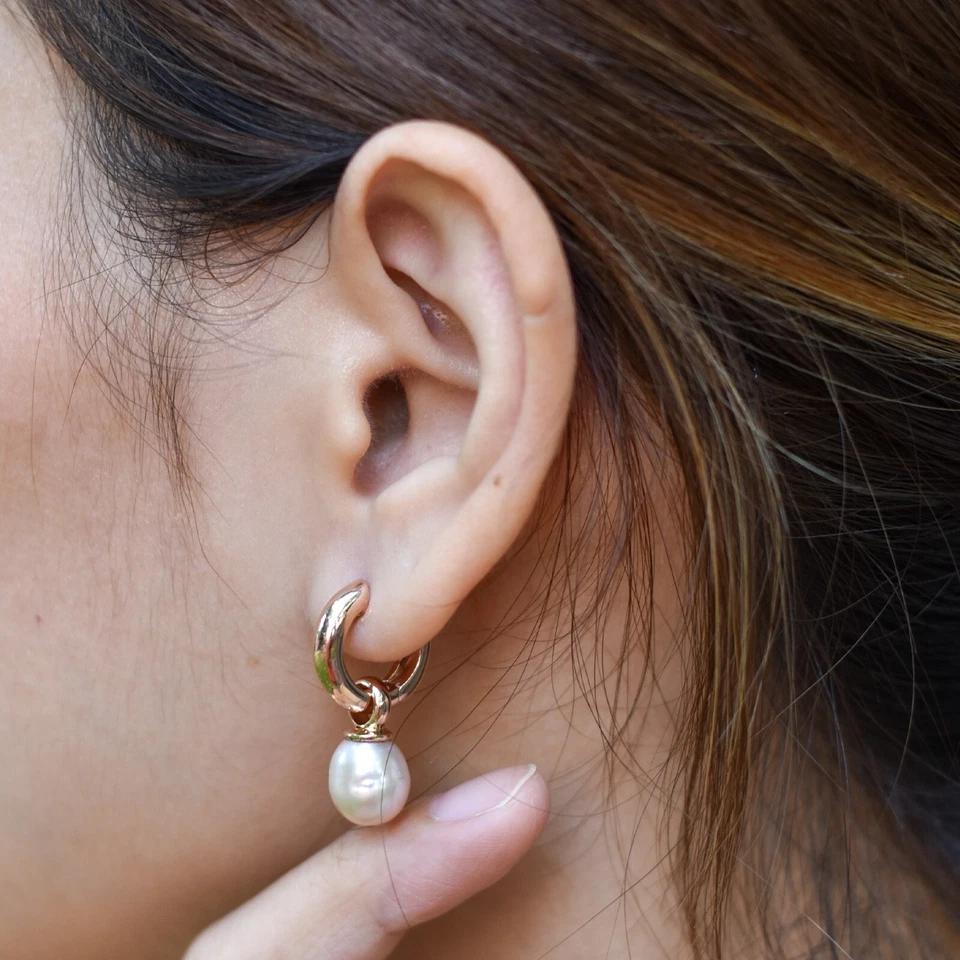 Pearl Charm Huggie Hoops Silver Earrings Rose Gold Plated - Image 4 of 4