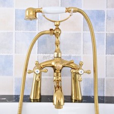 Gold Brass Deck Mount Clawfoot Bathtub Faucet Mixer Set With Handheld Shower