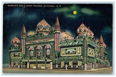 c1940's World's Only Corn Palace At Night Mitchell South Dakota SD Moon Postcard